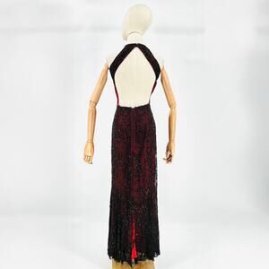 Vintage 90s Cache Silk Black Beaded Halter Evening Gown Dress